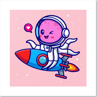 Cute Octopus Astronaut Riding Rocket Cartoon Posters and Art